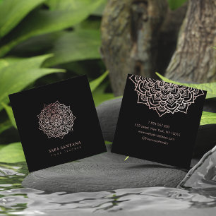 Tarjeta De Visita Cuadrada Instructor de Yoga Rose Gold Glitter Mandala