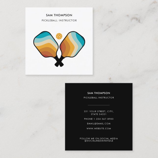 Tarjeta De Visita Cuadrada Instructor Retro Pickleball Paddle Ball (Anverso / Reverso)