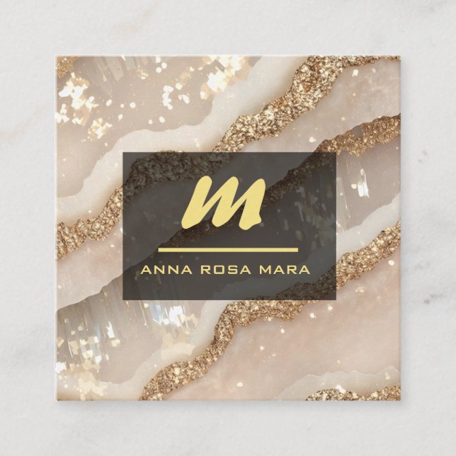 Tarjeta De Visita Cuadrada *~* Ivory QR Agate Purpurina de oro negro inicial  (Anverso)