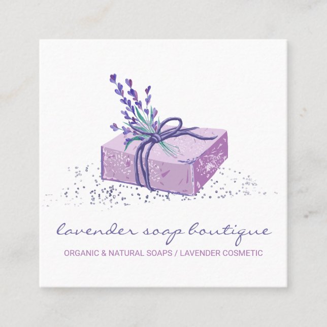 Tarjeta De Visita Cuadrada Jabón de lavanda Morado Baño cosmético (Anverso)