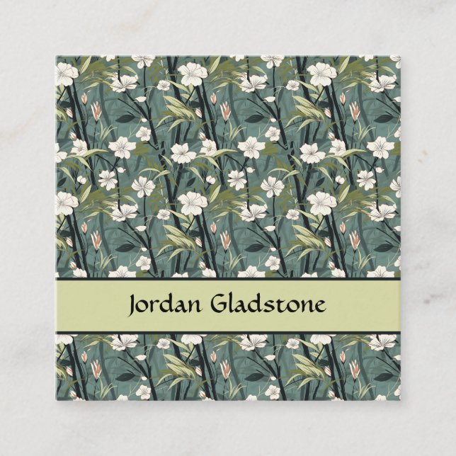Tarjeta De Visita Cuadrada Japanese Floral Bamboo Sage Green Black Template  (Anverso)