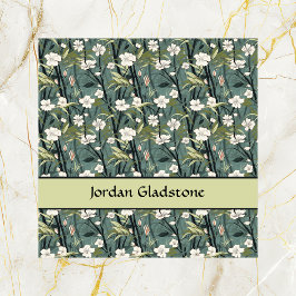 Tarjeta De Visita Cuadrada Japanese Floral Bamboo Sage Green Black Template 
