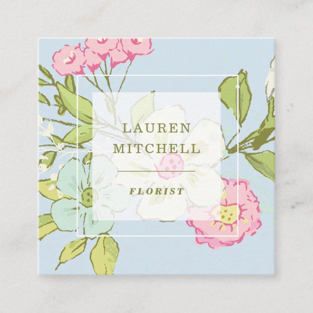 Tarjeta De Visita Cuadrada Jardín de primavera en azul| Floral de moda (Anverso)