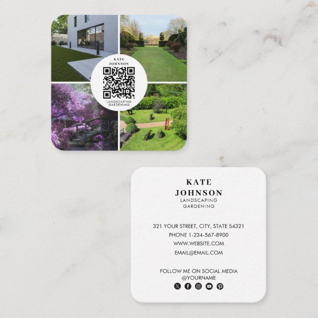 Tarjeta De Visita Cuadrada Jardinería paisajista Foto Código QR Medios Social (Anverso / Reverso)
