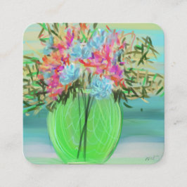 Tarjeta De Visita Cuadrada Jarrón Verde Floral Colorido Cuadrado Pintado
