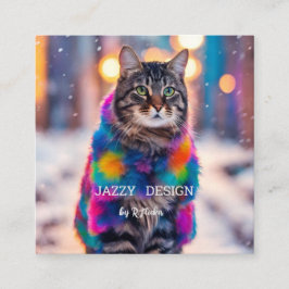 Tarjeta De Visita Cuadrada Jazzy Kitty con abrigo de piel