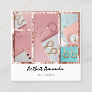 Tarjeta De Visita Cuadrada Jewelry Luxury Gold Pearls Rosa Blanco Rosa Enmarc