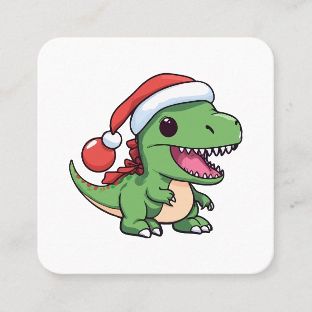 Tarjeta De Visita Cuadrada Kawaii T-Rex Dinosaur en Gorra de Navidades (Anverso)
