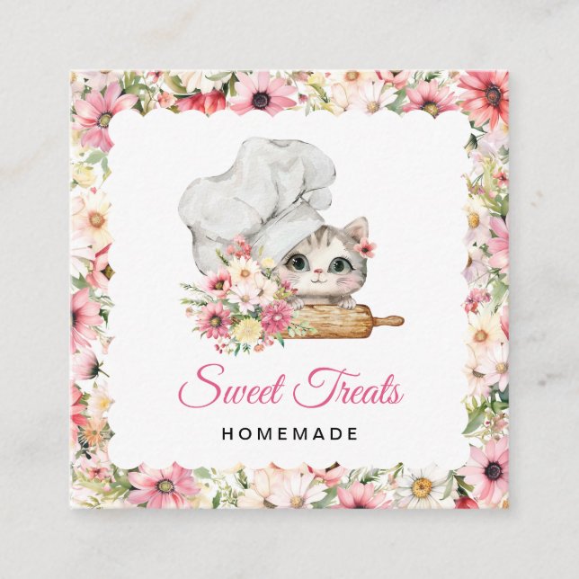 Tarjeta De Visita Cuadrada Kitten Chef Bakery Pink (Anverso)