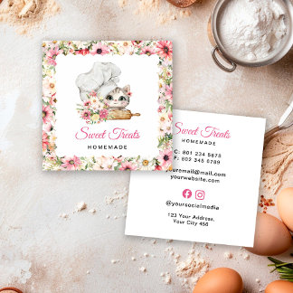 Tarjeta De Visita Cuadrada Kitten Chef Bakery Pink