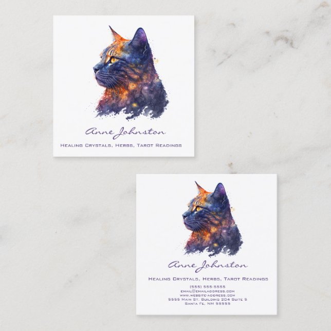 Tarjeta De Visita Cuadrada Kitty acuarela en morado y Naranja (Anverso / Reverso)