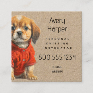 Tarjeta De Visita Cuadrada Knitting Instructor Puppy in Sweater Business Card