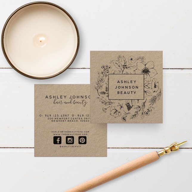 Tarjeta De Visita Cuadrada Kraft botánico moderno y floral negra (Subido por el creador)