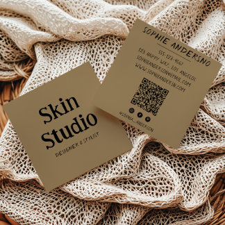 Tarjeta De Visita Cuadrada Kraft Brown Minimalist Skincare Spa Beauty QR Code