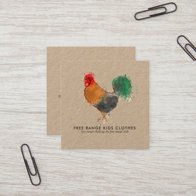 Tarjeta De Visita Cuadrada Kraft Business Card | Ilustracion de gallos (Anverso/Reverso In Situ)