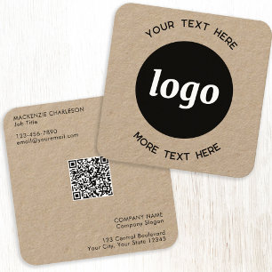 Tarjeta De Visita Cuadrada Kraft de código QR de logotipo simple y texto