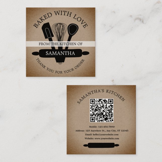 Tarjeta De Visita Cuadrada Kraft Rústico Horneado De Amor QR Code Gracias (Anverso / Reverso)