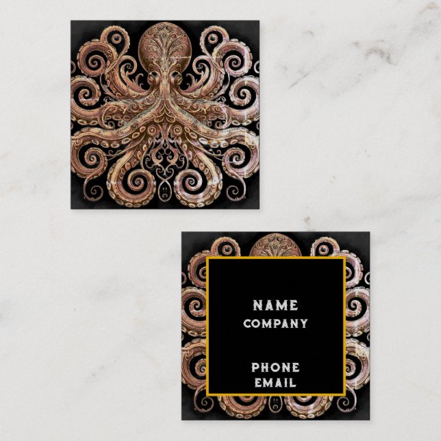 Tarjeta De Visita Cuadrada Kraken Steampunk Octopus Ornate Gold y Black (Anverso / Reverso)