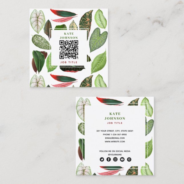 Tarjeta De Visita Cuadrada La vegetación de acuarela botánica deja el código  (Anverso / Reverso)