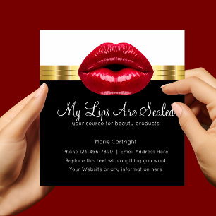 Tarjeta De Visita Cuadrada Labios Rojos de Belleza Mirada de Hoja de Oro con