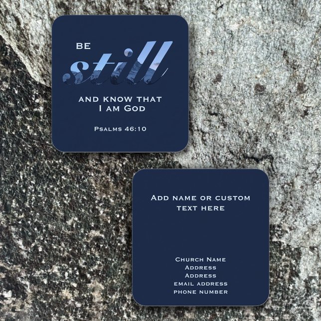 Tarjeta De Visita Cuadrada Las Escrituras Cristianas Siguen Siendo Personaliz (Be still and know scripture verse card with Matterhorn mountain. Custom text business cards.)