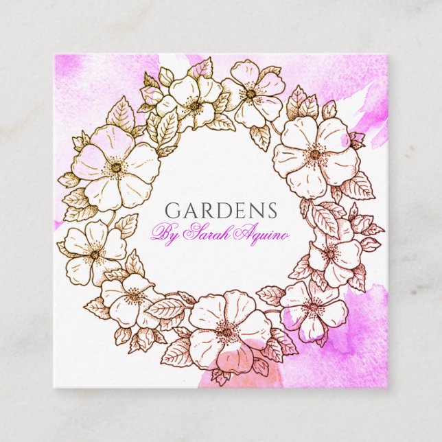 Tarjeta De Visita Cuadrada Lavado De Agua De Madera Floral O De Jardinería (Anverso)
