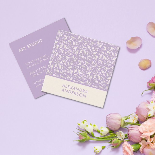 Tarjeta De Visita Cuadrada Lavanda de patrón de hojas violetas botánicas mode (Modern Botanical Violet Leaves Pattern Lavender Square Business Card)
