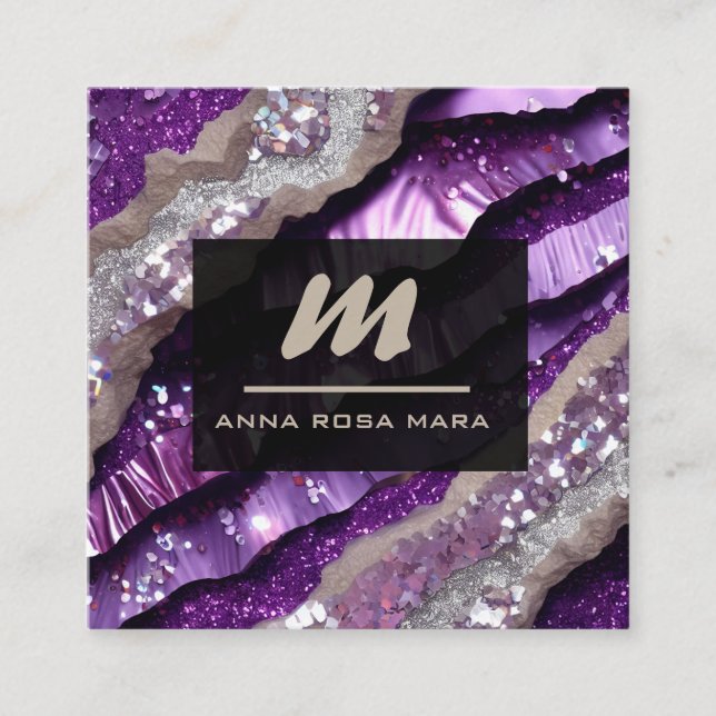 Tarjeta De Visita Cuadrada *~* Lavanda morada Glam QR Luxe Inicial AP66 (Anverso)