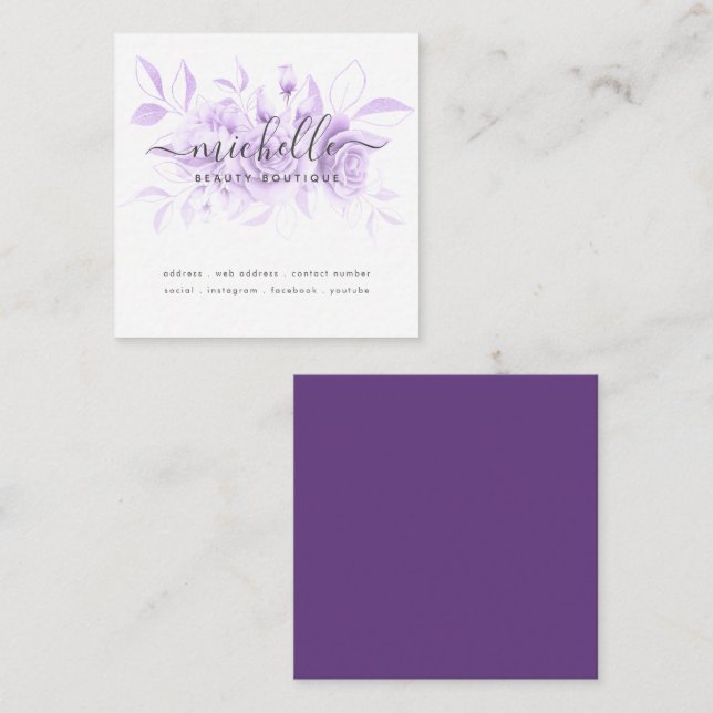 Tarjeta De Visita Cuadrada Lavender Purple Floral Script Beautique (Anverso / Reverso)