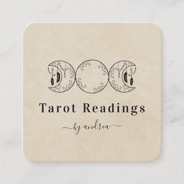 Tarjeta De Visita Cuadrada Lector de tarot celeste de arena beige triple luna (Anverso)