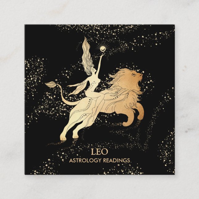 Tarjeta De Visita Cuadrada *~* LEO Zodiac Astrología leyendo oro negro (Anverso)