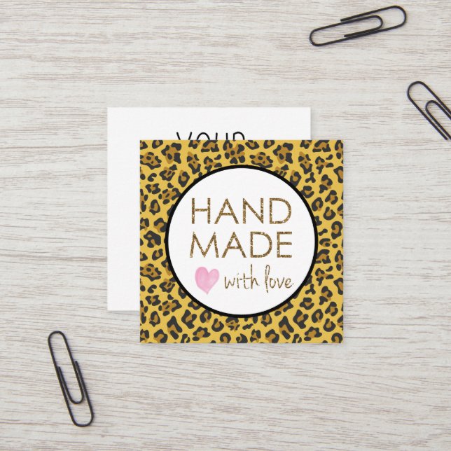 Tarjeta De Visita Cuadrada Leopardo Purpurina hecho a mano con amor (Anverso/Reverso In Situ)