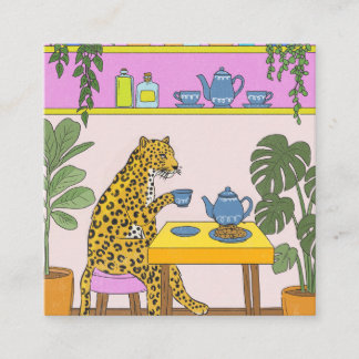 Tarjeta De Visita Cuadrada Leopardo Tomando Té