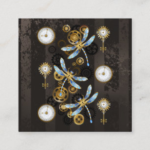 Tarjeta De Visita Cuadrada Libélulas Steampunk sobre fondo rayado marrón