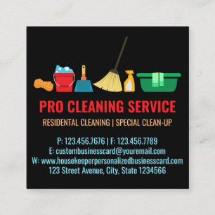Tarjeta De Visita Cuadrada Limpieza de portero simple ama de casa negro
