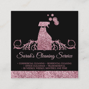 Tarjeta De Visita Cuadrada Limpieza Doncella Janitorial spray chispeante rosa