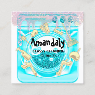 Tarjeta De Visita Cuadrada Limpieza House Office Services Logo QR Código Azul