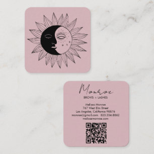 Tarjeta De Visita Cuadrada Línea de arte Sun & Moon Boho Elegante Código QR R