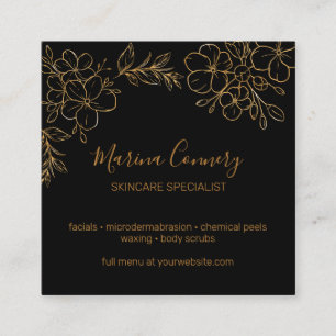 Tarjeta De Visita Cuadrada Línea Floral Chic Dibujo Negro y Dorado