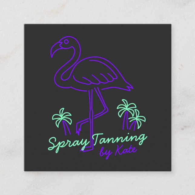 Tarjeta De Visita Cuadrada Linearato de palmeras de flamingo tropical retro (Anverso)