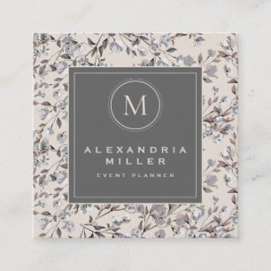 Tarjeta De Visita Cuadrada Linen beige elegante floral  Medallón monogramo