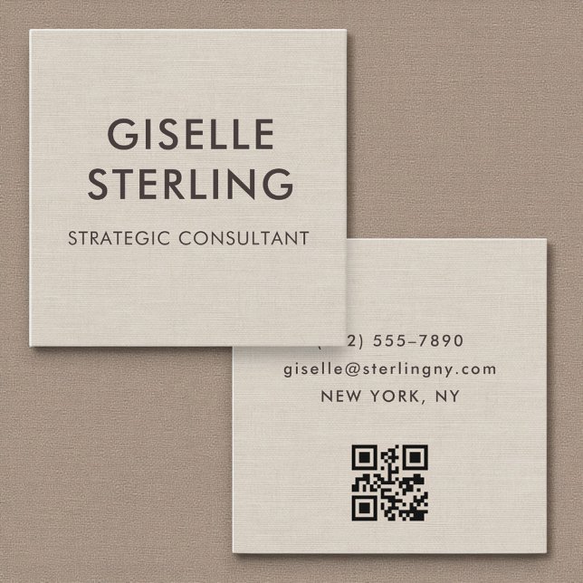 Tarjeta De Visita Cuadrada Linen QR Code Modern Minimal Typography  (Subido por el creador)
