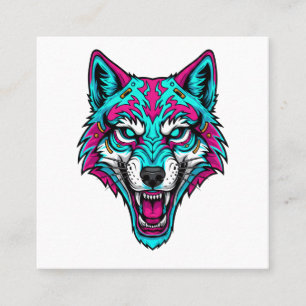 Tarjeta De Visita Cuadrada Lobo Neon Cyberpunk - Animal Robótico Synthwave