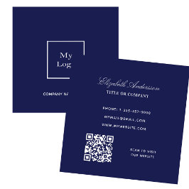 Tarjeta De Visita Cuadrada Logo blanco azul marino código QR elegante