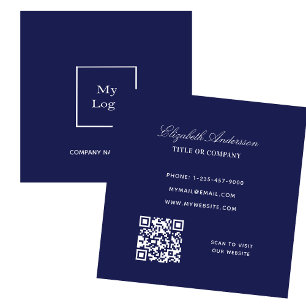 Tarjeta De Visita Cuadrada Logo blanco azul marino código QR elegante