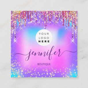 Tarjeta De Visita Cuadrada Logo Boutique Shop Purpurina Dris Holograph Pink
