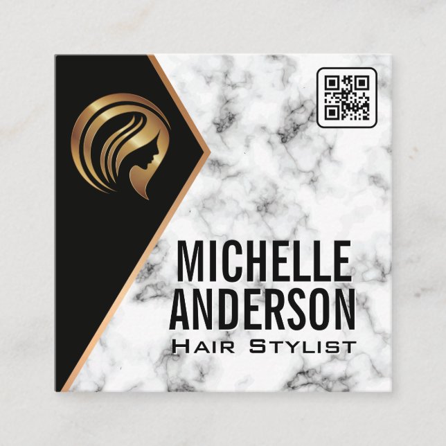 Tarjeta De Visita Cuadrada Logo de Beauty Metallic | Código QR | Marble Squar (Anverso)