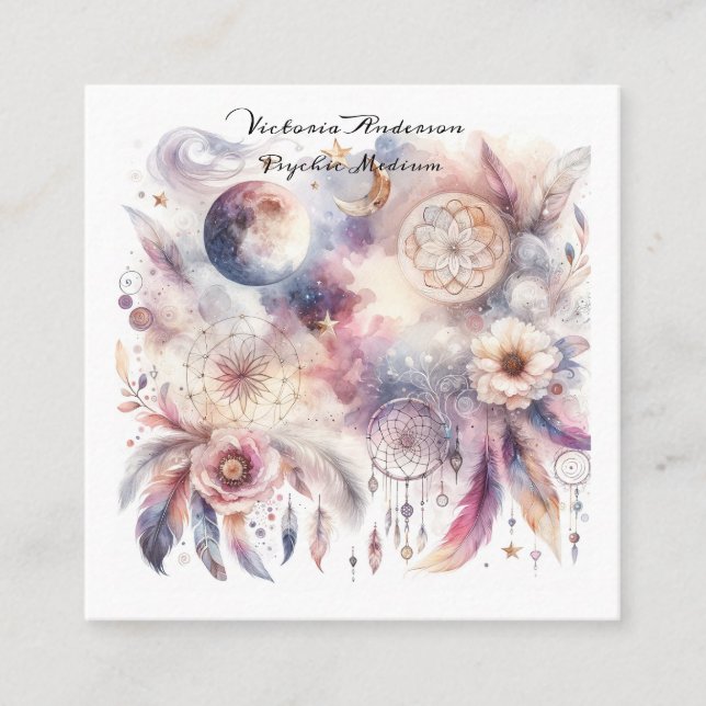 Tarjeta De Visita Cuadrada Logo de Boho Purple Dreamcatcher Psychic Reading (Anverso)