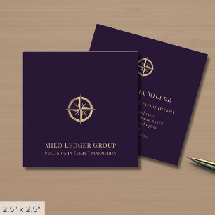 Tarjeta De Visita Cuadrada Logo de la brújula dorada morada oscura
