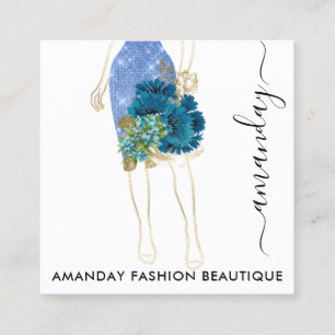 Tarjeta De Visita Cuadrada Logo de la tienda QR de ropa de la Marina Azul flo